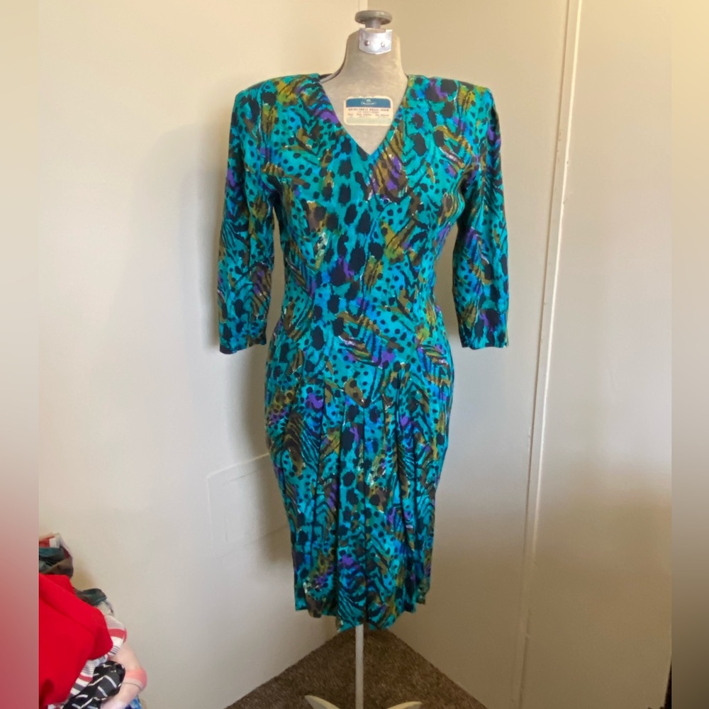 Laine USA Vintage Teal/Purple Exotic Print Dress